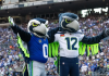 Seattle Seahawks Maskottchen Blitz (USA) und Bam (GER).