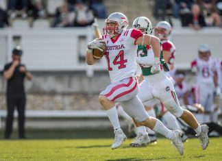 WR Yannick Mayr auf dem Weg zu einem seiner beiden Touchdowns